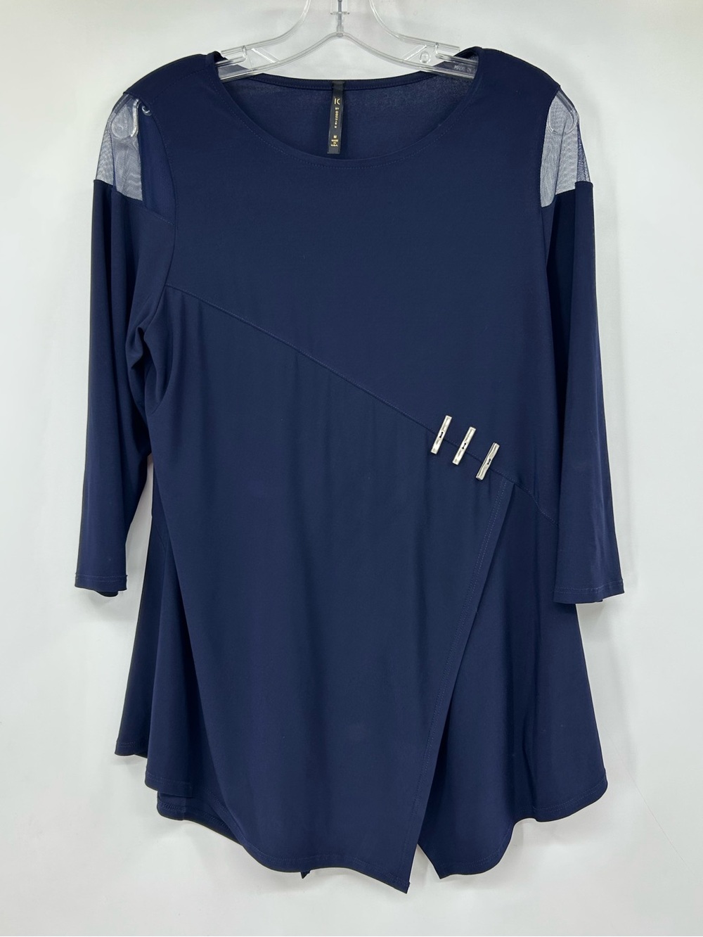 IC By Connie K Blue Jersey Tunic Top Mesh Trim Asymmetric Hem Medium 2953T